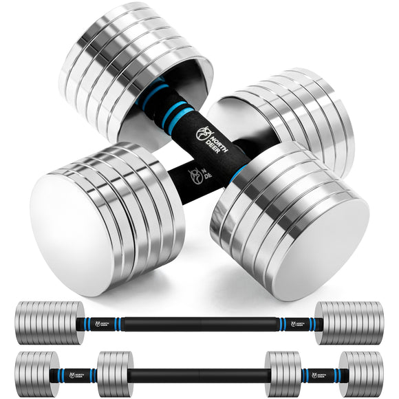 Northdeer 2.0 Upgraded Adjustable Steel Dumbbells, 60lbs Free Weight Set with Connector, 2 in 1 Dumbbell Barbell Set (used-good)